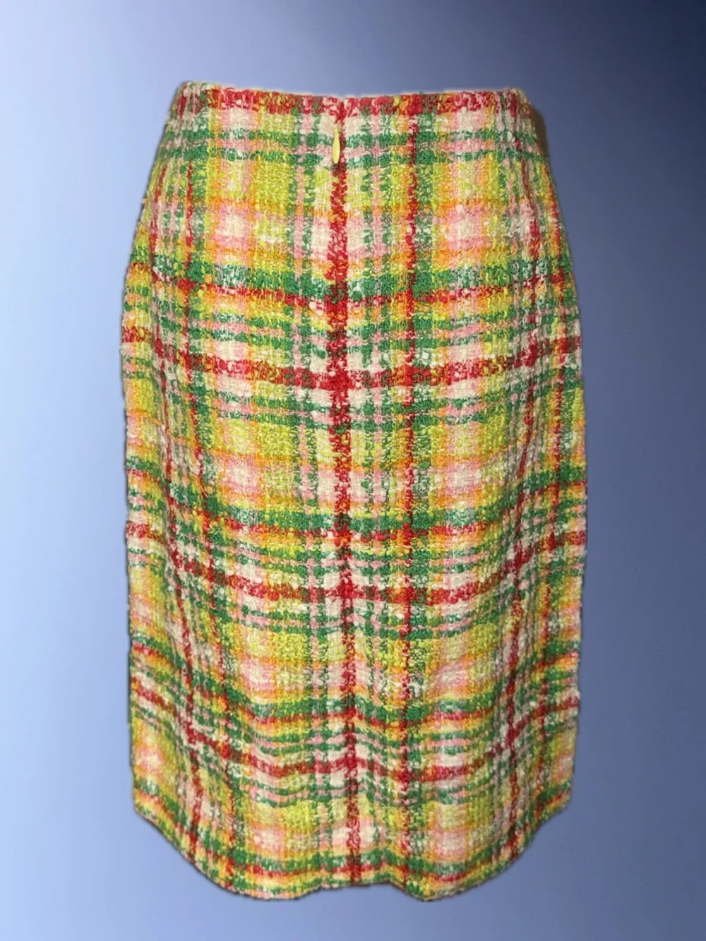 CHANEL Multicolor Plaid Tweed Pencil Skirt in Yellow, Green, Red